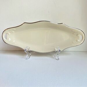 Lenox Special relish tray with platinum trim and embossed leaves on open handles